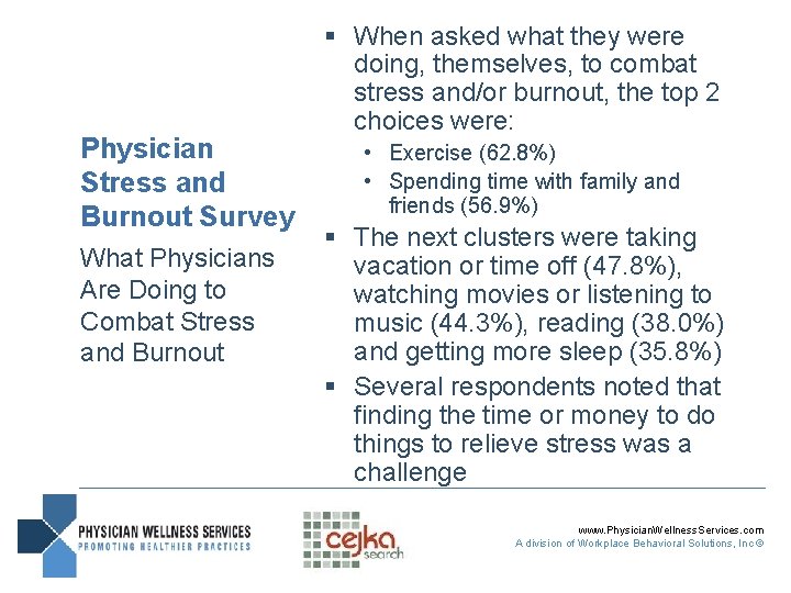 Physician Stress and Burnout Survey What Physicians Are Doing to Combat Stress and Burnout