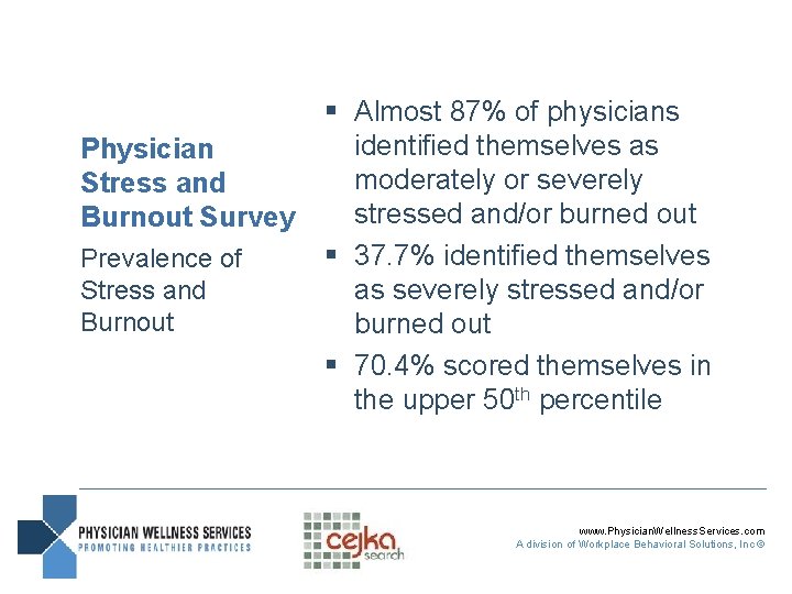 Physician Stress and Burnout Survey Prevalence of Stress and Burnout § Almost 87% of