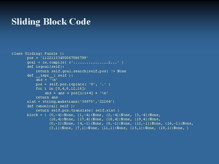 Sliding Block Code class Sliding( Puzzle ): pos = '11221133450067886799' goal = re. compile(