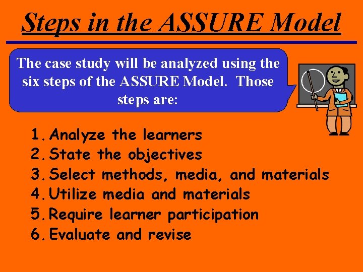 Steps in the ASSURE Model The case study will be analyzed using the six Steps in the ASSURE Model The case study will be analyzed using the six
