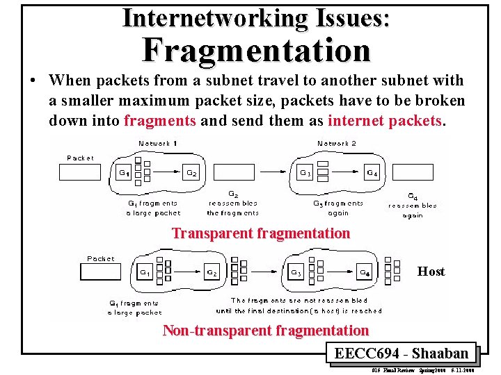 Internetworking Issues: Fragmentation • When packets from a subnet travel to another subnet with