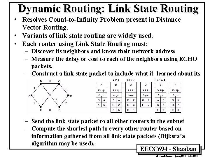 Dynamic Routing: Link State Routing • Resolves Count-to-Infinity Problem present in Distance Vector Routing.