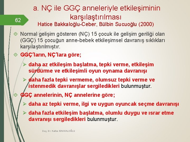 62 a. NÇ ile GGÇ anneleriyle etkileşiminin karşılaştırılması Hatice Bakkaloğlu-Ceber, Bülbin Sucuoğlu (2000) Normal