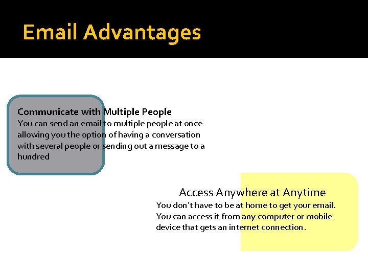 Email Advantages Communicate with Multiple People You can send an email to multiple people