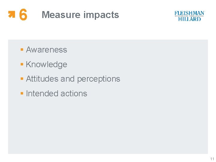 6 Measure impacts § Awareness § Knowledge § Attitudes and perceptions § Intended actions