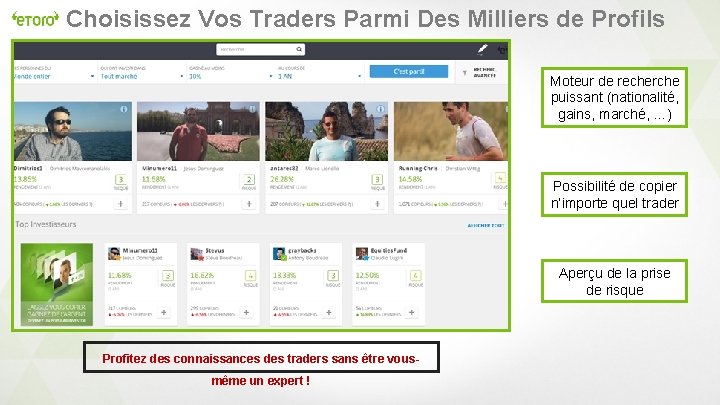 Choisissez Vos Traders Parmi Des Milliers de Profils Moteur de recherche puissant (nationalité, gains,