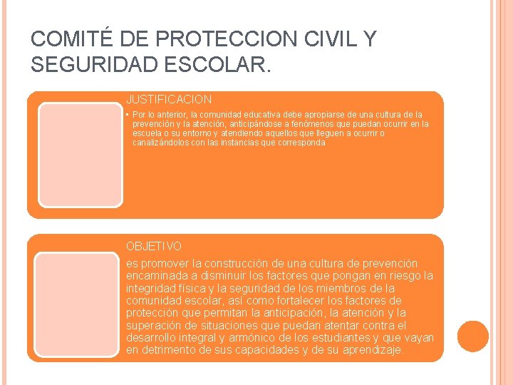 COMITÉ DE PROTECCION CIVIL Y SEGURIDAD ESCOLAR. JUSTIFICACION • Por lo anterior, la comunidad