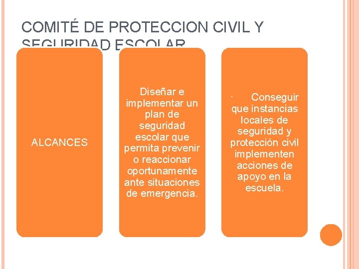 COMITÉ DE PROTECCION CIVIL Y SEGURIDAD ESCOLAR ALCANCES Diseñar e implementar un plan de