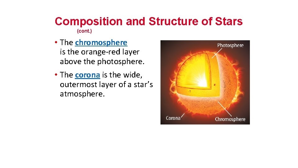Composition and Structure of Stars (cont. ) • The chromosphere is the orange-red layer