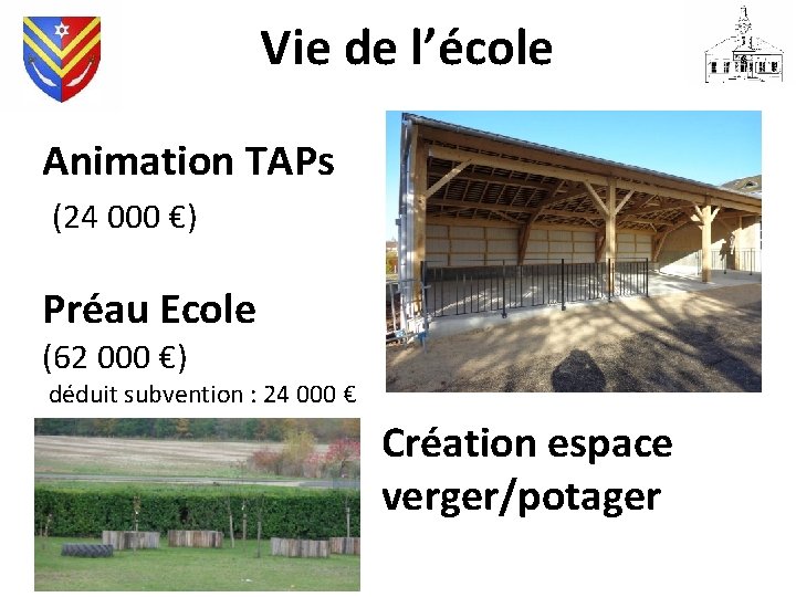 Vie de l’école Animation TAPs (24 000 €) Préau Ecole (62 000 €) déduit