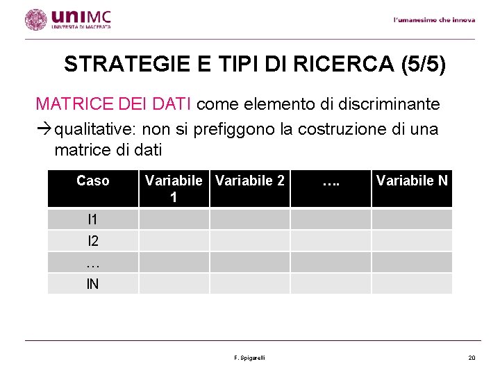 STRATEGIE E TIPI DI RICERCA (5/5) MATRICE DEI DATI come elemento di discriminante qualitative: