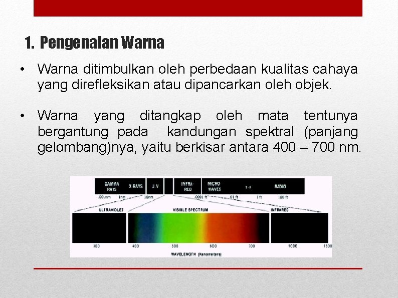 1. Pengenalan Warna • Warna ditimbulkan oleh perbedaan kualitas cahaya yang direfleksikan atau dipancarkan
