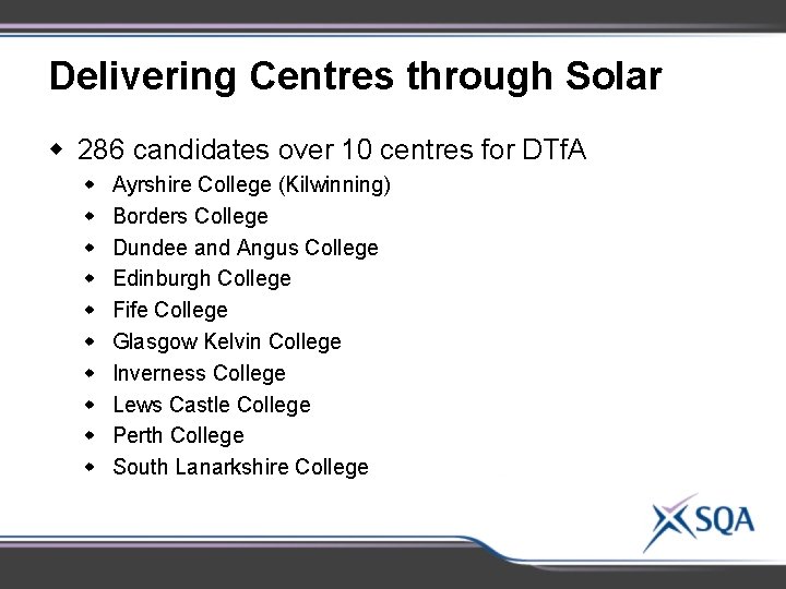 Delivering Centres through Solar w 286 candidates over 10 centres for DTf. A w