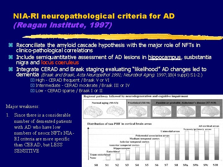 NIA-RI neuropathological criteria for AD (Reagan Institute, 1997) z Reconciliate the amyloid cascade hypothesis