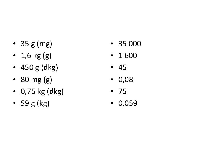  • • • 35 g (mg) 1, 6 kg (g) 450 g (dkg)