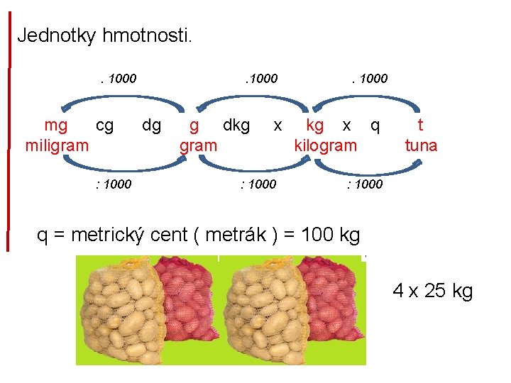 Jednotky hmotnosti. . 1000 mg cg miligram : 1000 dg g dkg gram x