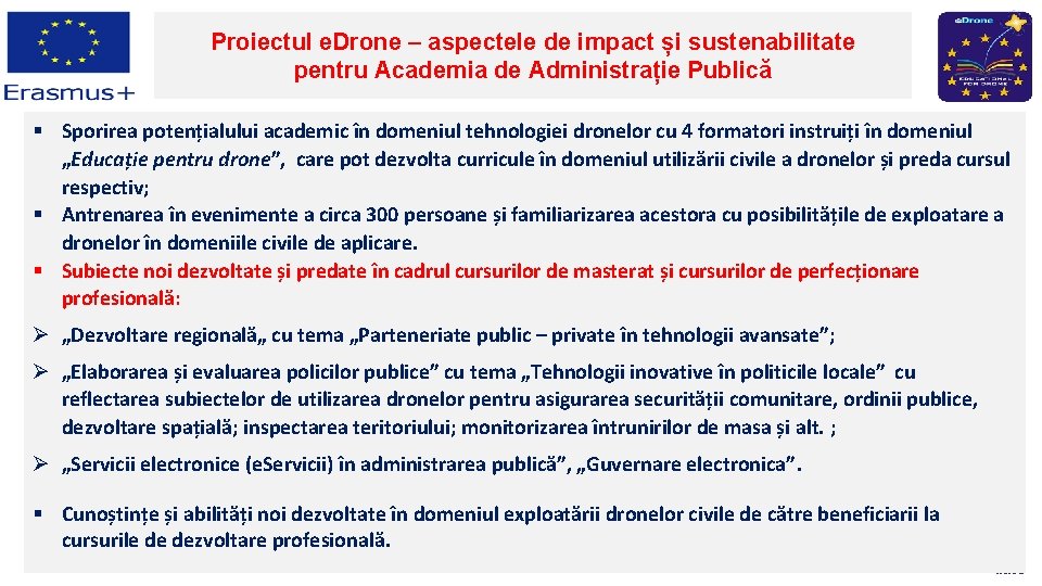 Proiectul e. Drone – aspectele de impact și sustenabilitate pentru Academia de Administrație Publică
