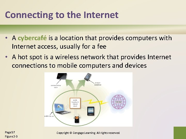 Connecting to the Internet • A cybercafé is a location that provides computers with