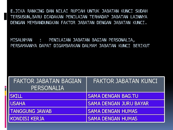 E. JIKA RANKING DAN NILAI RUPIAH UNTUK JABATAN KUNCI SUDAH TERSUSUN, BARU DIADAKAN PENILAIAN