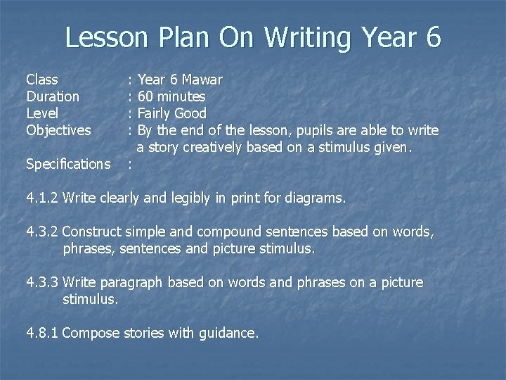 Lesson Plan On Writing Year 6 Class Duration Level Objectives Specifications : Year 6