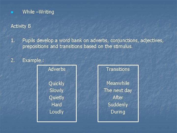 n While –Writing Activity B 1. Pupils develop a word bank on adverbs, conjunctions,