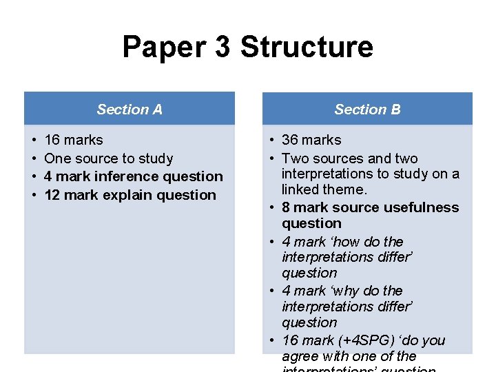 Paper 3 Structure • • Section A Section B 16 marks One source to