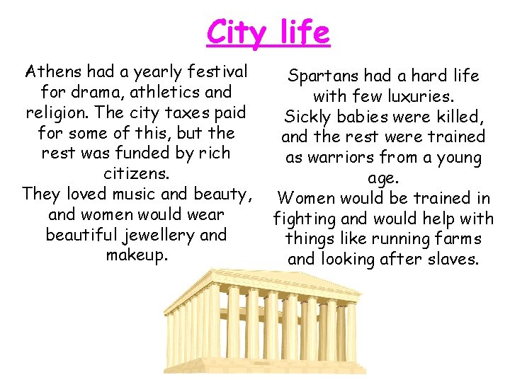 City life Athens had a yearly festival for drama, athletics and religion. The city