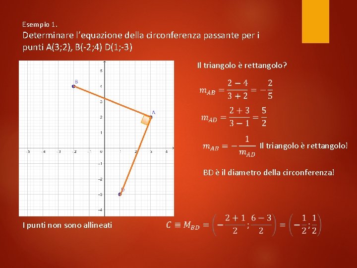 Esempio 1. Determinare l’equazione della circonferenza passante per i punti A(3; 2), B(-2; 4)