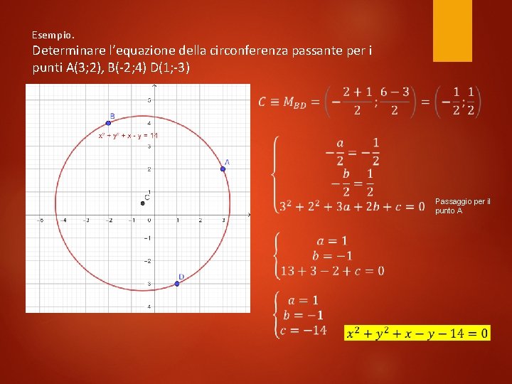 Esempio. Determinare l’equazione della circonferenza passante per i punti A(3; 2), B(-2; 4) D(1;