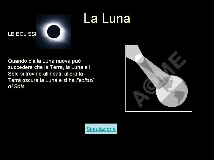 La Luna LE ECLISSI Quando c’è la Luna nuova può succedere che la Terra, La Luna LE ECLISSI Quando c’è la Luna nuova può succedere che la Terra,