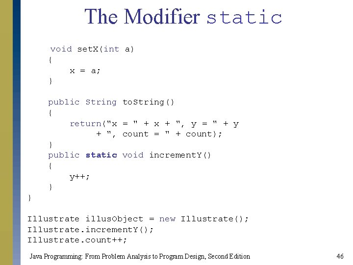 The Modifier static void set. X(int a) { x = a; } public String