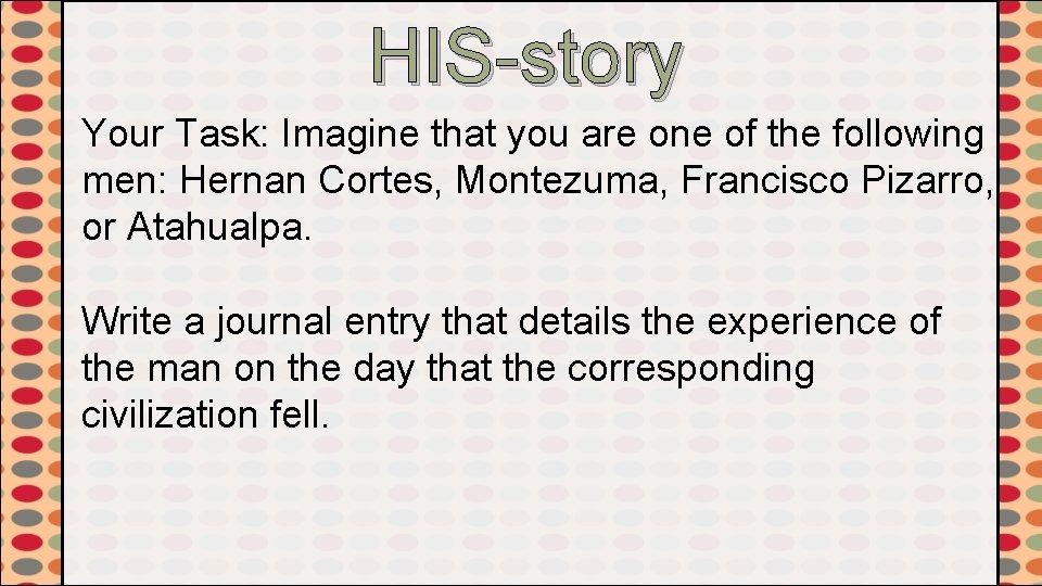 HIS-story Your Task: Imagine that you are one of the following men: Hernan Cortes,