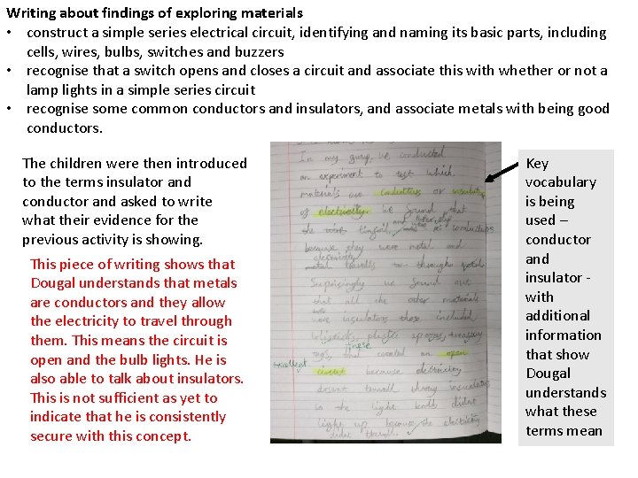 Writing about findings of exploring materials • construct a simple series electrical circuit, identifying