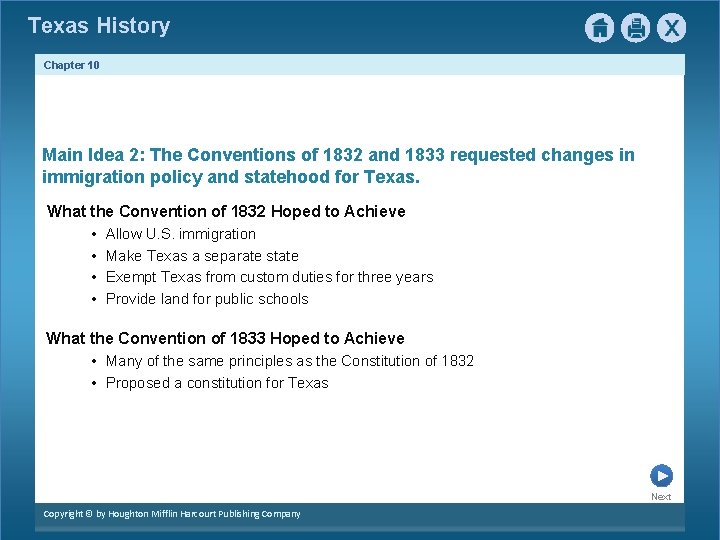 Texas History Chapter 10 Main Idea 2: The Conventions of 1832 and 1833 requested