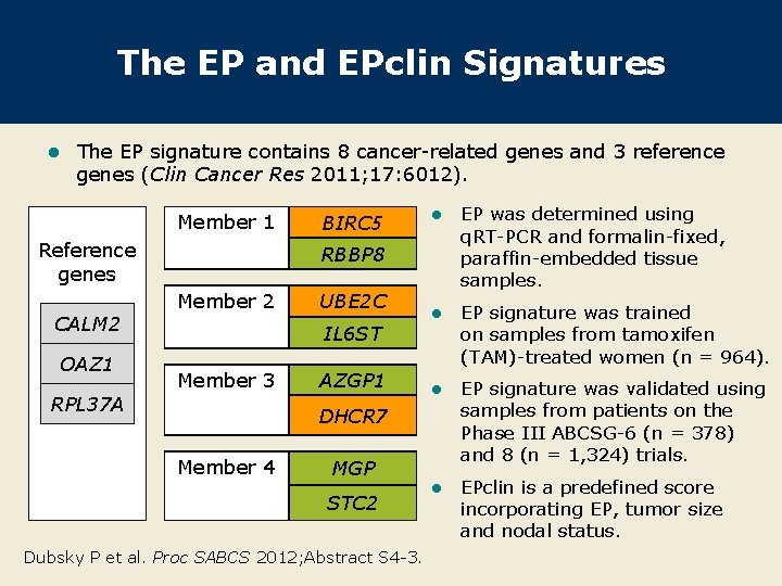 The EP and EPclin Signatures l The EP signature contains 8 cancer-related genes and The EP and EPclin Signatures l The EP signature contains 8 cancer-related genes and