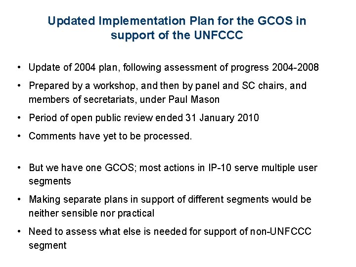 Updated Implementation Plan for the GCOS in support of the UNFCCC • Update of