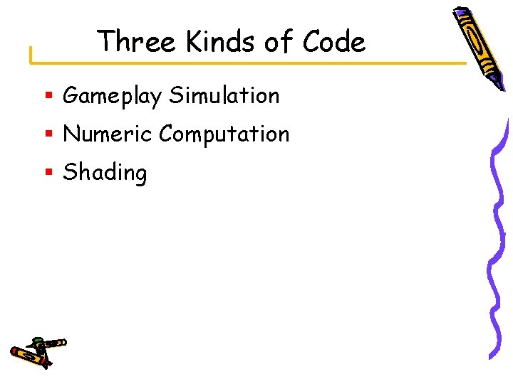 Three Kinds of Code § Gameplay Simulation § Numeric Computation § Shading 