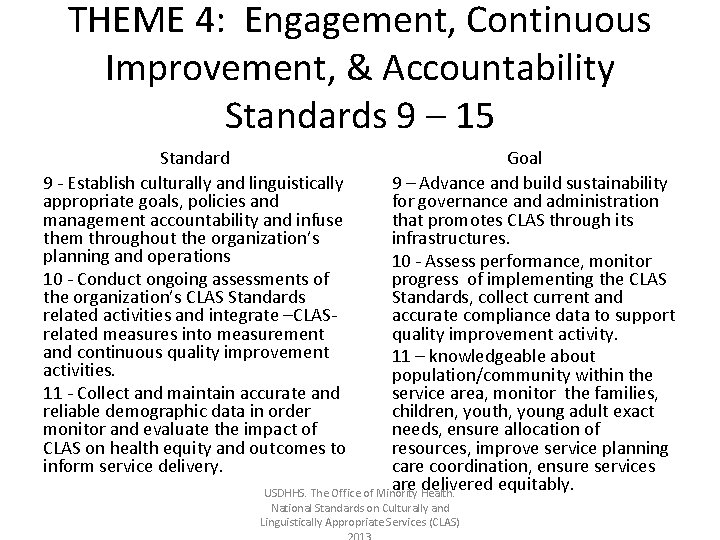 THEME 4: Engagement, Continuous Improvement, & Accountability Standards 9 – 15 Standard 9 -