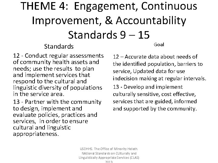 THEME 4: Engagement, Continuous Improvement, & Accountability Standards 9 – 15 Standards Goal 12