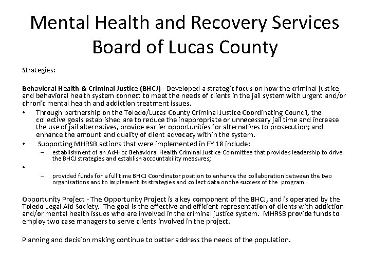 Mental Health and Recovery Services Board of Lucas County Strategies: Behavioral Health & Criminal