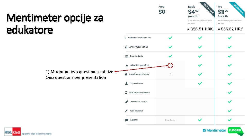 Mentimeter opcije za edukatore 1) Maximum two questions and five Quiz questions per presentation