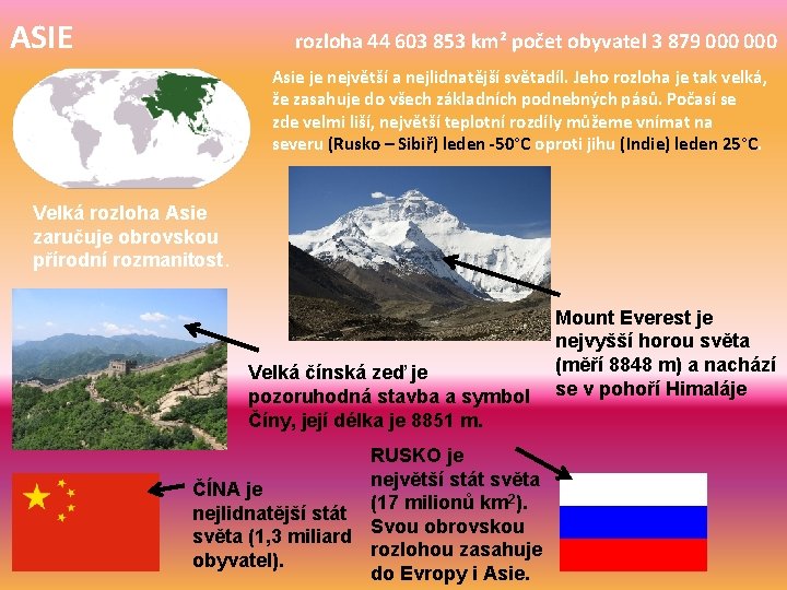ASIE rozloha 44 603 853 km² počet obyvatel 3 879 000 Asie je největší