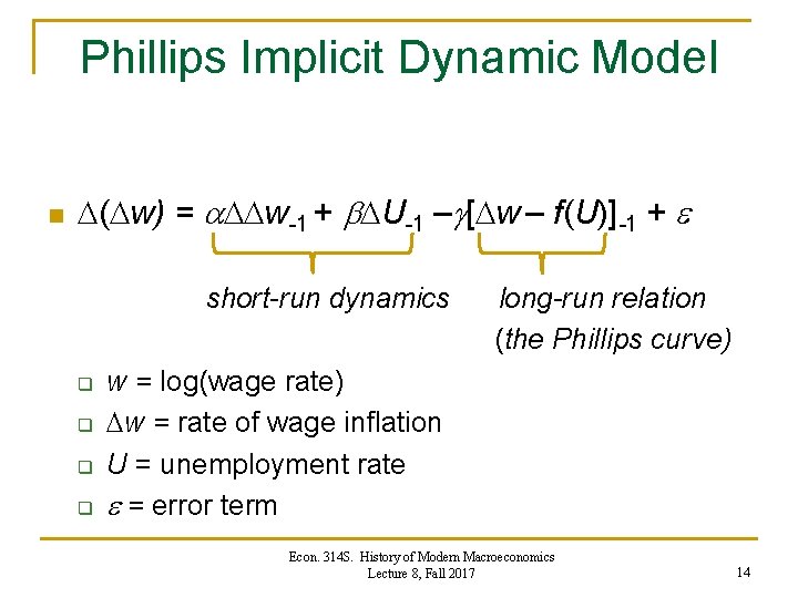 Phillips Implicit Dynamic Model n ( w) = w-1 + U-1 – [ w Phillips Implicit Dynamic Model n ( w) = w-1 + U-1 – [ w