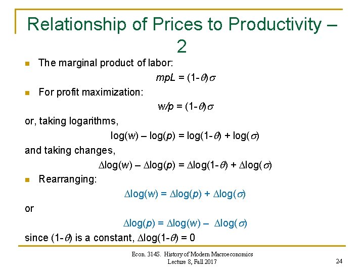 Relationship of Prices to Productivity – 2 The marginal product of labor: mp. L Relationship of Prices to Productivity – 2 The marginal product of labor: mp. L