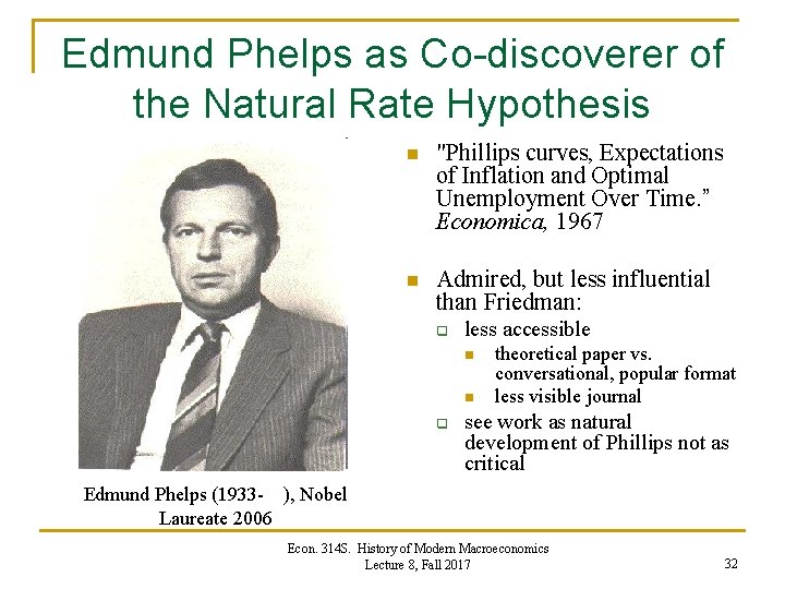 Edmund Phelps as Co-discoverer of the Natural Rate Hypothesis n "Phillips curves, Expectations of Edmund Phelps as Co-discoverer of the Natural Rate Hypothesis n "Phillips curves, Expectations of