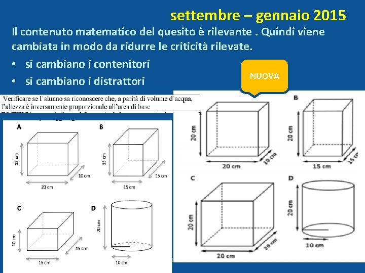 settembre – gennaio 2015 Il contenuto matematico del quesito è rilevante. Quindi viene cambiata