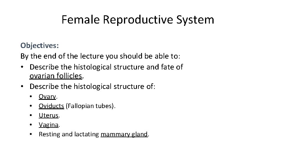 Female Reproductive System Objectives: By the end of the lecture you should be able