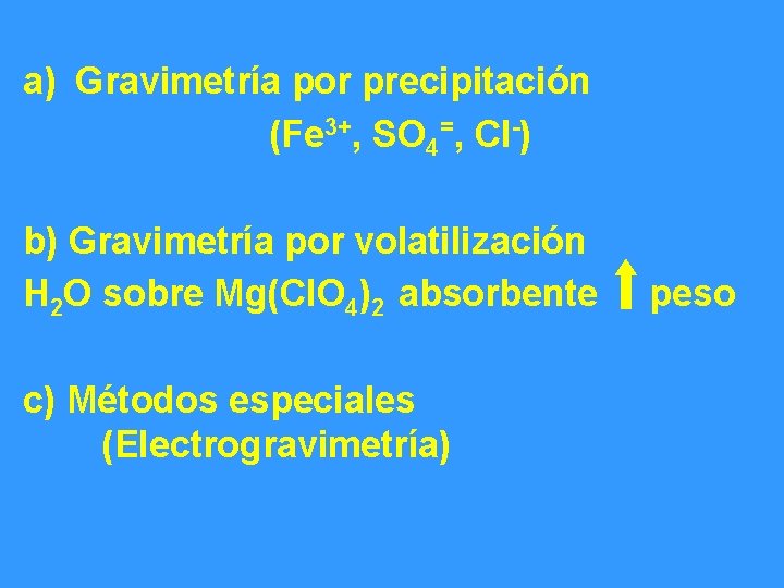 a) Gravimetría por precipitación (Fe 3+, SO 4=, Cl-) b) Gravimetría por volatilización H