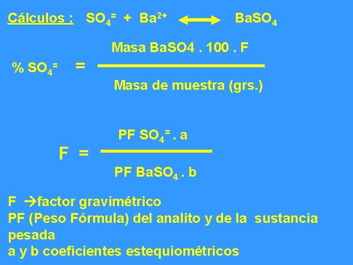 Cálculos : SO 4= + Ba 2+ Ba. SO 4 Masa Ba. SO 4.