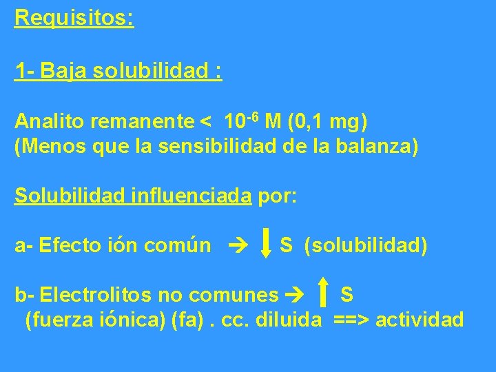 Requisitos: 1 - Baja solubilidad : Analito remanente < 10 -6 M (0, 1